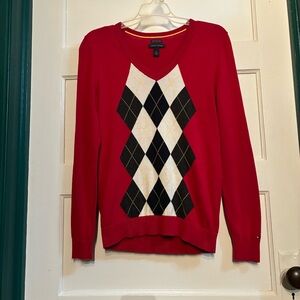 Tommy Hilfiger Red V-Neck Sweater Argyle Pattern 100% Pima Cotton